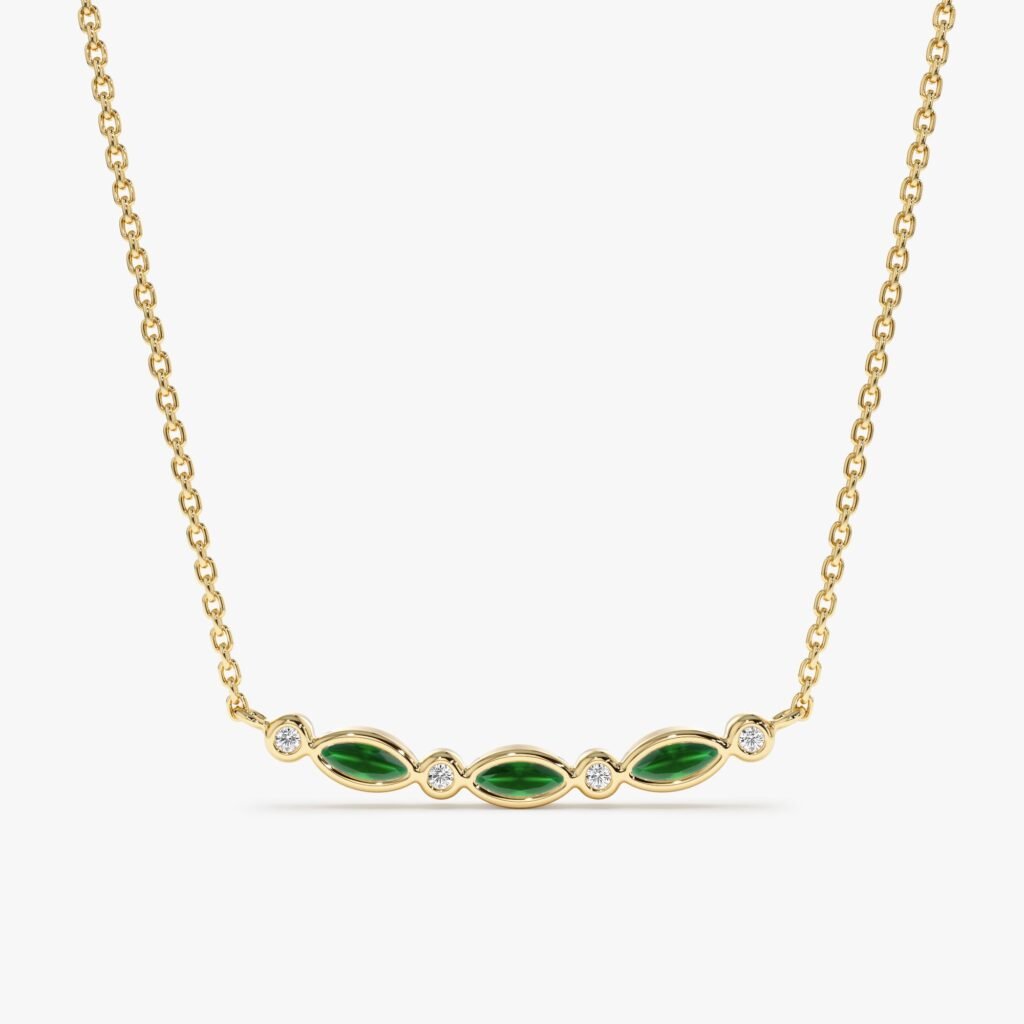 Curved Emerald & Diamonds Bar Necklace