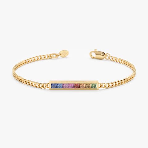 Rainbow Sapphire Cuban Chain Bar Bracelet