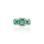 18K Solid Gold Emerald Diamond Three Stone Ring