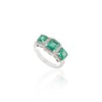 18K Solid Gold Emerald Diamond Three Stone Ring - Image 5