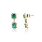 14K Solid Gold 4Ct Emerald and Diamond Dangle Earrings - Image 3