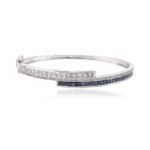 14K Solid Gold Blue Sapphire & Diamond Cuff Bangle Bracelet