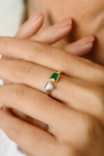 14K Solid Gold Two Stone Emerald & Diamond Ring - Image 4