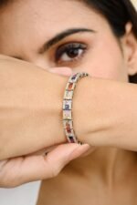 14K Solid Gold Multi Sapphire Tennis Bracelet - Image 2