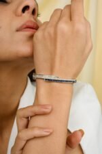 14K Solid Gold Blue Sapphire & Diamond Cuff Bangle Bracelet - Image 4