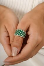 14K Solid Gold Emerald Diamond Wide Band - Image 2