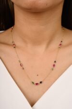 14K Solid Gold Multi Gemstone Station Necklace - Image 4