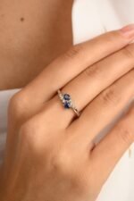 14K Solid Gold Blue Sapphire Diamond Two Stone Ring - Image 2