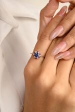 14K Solid Gold Ruby Blue Sapphire & Diamond Flower Shape Ring - Image 3