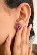 14K Solid Gold Ruby Diamond Cluster Studs - Image 2