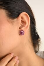 14K Solid Gold Ruby Diamond Cluster Studs - Image 3