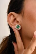 14K Solid Gold Emerald Halo Diamond Halo Stud Earrings - 2 Pieces - Image 4