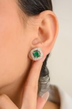 14K Solid Gold Emerald Halo Diamond Halo Stud Earrings - 2 Pieces - Image 2