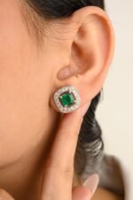 14K Solid Gold Emerald Halo Diamond Halo Stud Earrings - 2 Pieces - Image 3