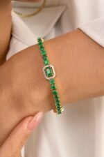 14K Solid Gold Emerald Diamond Bracelet - Image 3