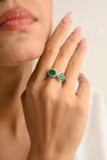 14K Solid Gold Emerald Diamond Toi et Moi Ring - Image 2