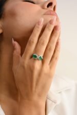 14K Solid Gold Emerald Diamond Toi et Moi Ring - Image 5