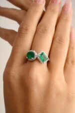 14K Solid Gold Emerald Diamond Toi et Moi Ring - Image 3