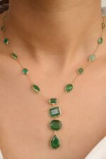 14K Solid Gold Emerald Gemstone Y Shape Necklace - Image 4