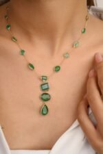 14K Solid Gold Emerald Gemstone Y Shape Necklace - Image 2
