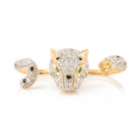 14K Solid Yellow Gold 2.06 Cts Diamond Panther Double Finger Ring