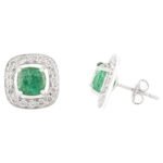 14K Solid Gold Emerald Halo Diamond Halo Stud Earrings - 2 Pieces