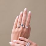 14K Gold Lab Grown Blue Diamond Pear and Emerald Cut Double Ring - Image 2