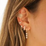 14K Gold  Moissanite Diamond Triple Prong Drop Hoop Earrings - Image 2