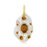 14K Solid Gold Diamond Tiger Eye Baroque Pearl Pendant