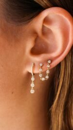 14K Gold  Triple Bezel Graduated Moissanite Diamond Hoop Earring - Image 2