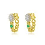 14K Solid Gold Lab Grown Diamond Cuban Emerald Link Loop Earring - Image 2