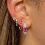 18k Solid Gold Rectangle Pave Lab Grown Diamond Emerald Cut Pink Sapphire Hoop Earring - Image 2