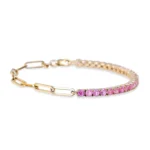 14K Solid Gold Half Pink Sapphire Tennis Paperclip Chain Bracelet - Image 5