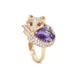 18K Solid Gold Fox Ring with Amethyst, Ruby, and Diamond - Image 2