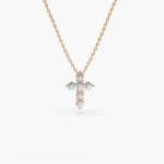 14K Gold Tiny Ball Natural Diamond Cross Necklace