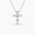 18k Gold Baguette Natural Diamond Tiny Cross Necklace - Image 5