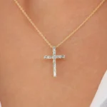 18k Baguette Natural Diamond Cross Necklace - Image 5