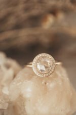 18K Solid Gold Round Rose Cut Lab-Grown Diamond with .11 ct Diamond Halo Ring