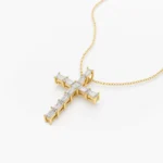18k Baguette Natural Diamond Cross Necklace - Image 3