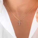 18k Baguette Natural Diamond Cross Necklace - Image 2