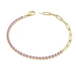 14K Solid Gold Half Pink Sapphire Tennis Paperclip Chain Bracelet