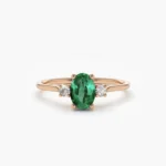 18K Solid Gold Oval Shape Emerald and Diamond 3 Stone Ring - Image 4