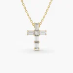 18k Gold Baguette Natural Diamond Tiny Cross Necklace
