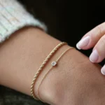 18k Gold Tiny Baguette and Round Moissanite Diamond Station Bracelet - Image 6