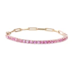 14K Solid Gold Half Pink Sapphire Tennis Paperclip Chain Bracelet - Image 4