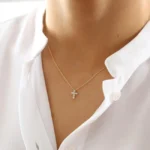 14K Gold Tiny Ball Natural Diamond Cross Necklace - Image 2