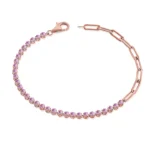 14K Solid Gold Half Pink Sapphire Tennis Paperclip Chain Bracelet - Image 3