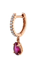 18k Solid Gold Diamond Hoops adorning Pear Drop and Pink Sapphire - Image 2