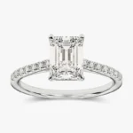 14K Solid Gold Emerald Side Accent Engagement Ring  Platinum Pave Set Ring - Image 6