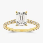 14K Solid Gold Emerald Side Accent Engagement Ring  Platinum Pave Set Ring - Image 7